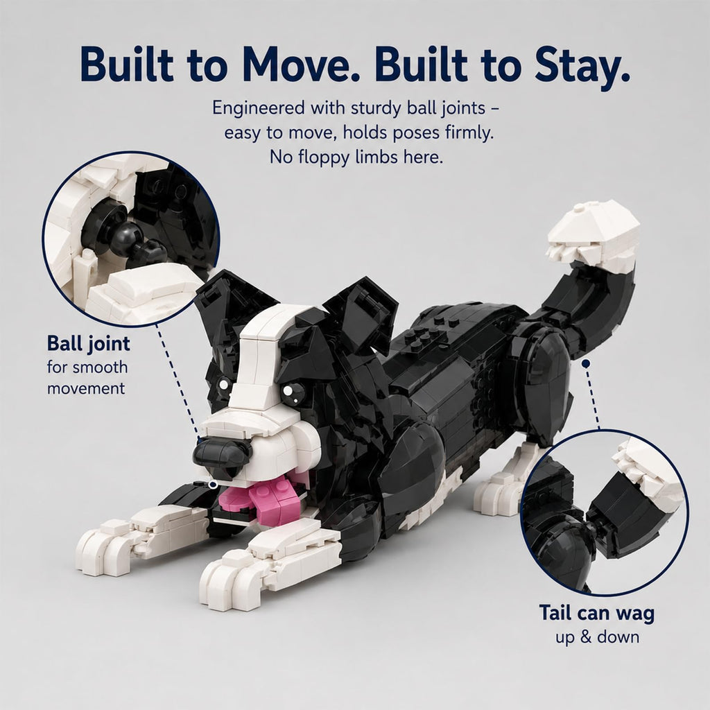MJDDJA Border Collie Building Block Set – 541 PCS Posable Dog Model STEM Toy for Kids 6+ Years Old, Imitates Walking & Lying Down Pose