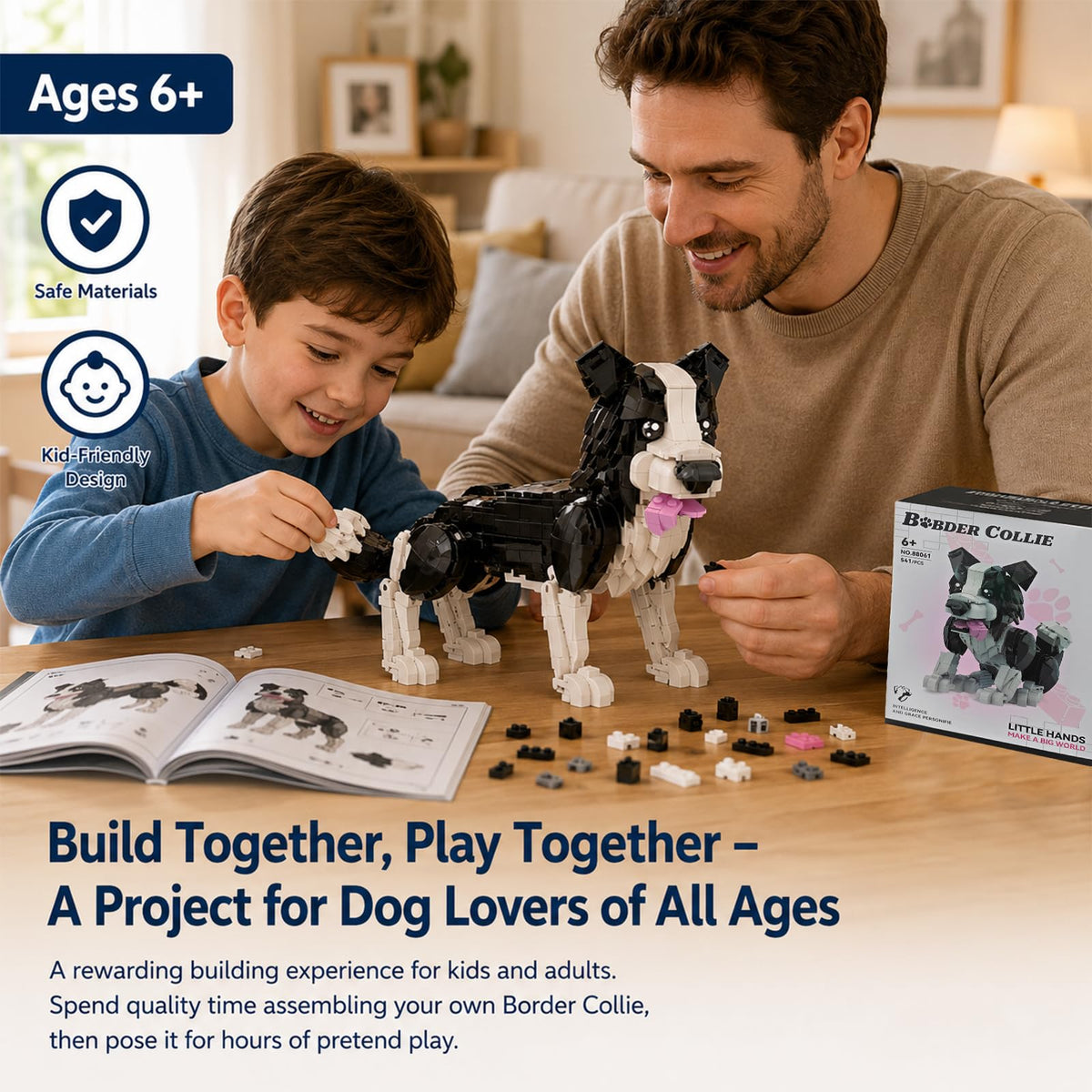 MJDDJA Border Collie Building Block Set – 541 PCS Posable Dog Model STEM Toy for Kids 6+ Years Old, Imitates Walking & Lying Down Pose