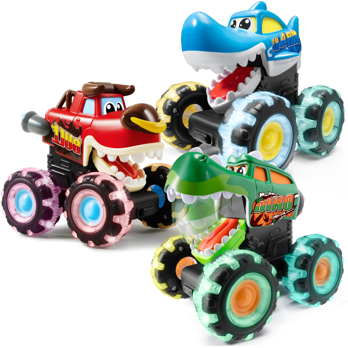 JOYIN 3 Pack Monster Truck Toy - Motion Activated Light Up Cars for Kids - Monster Glow Rover LED Wheels - Kids Boy Toys - Press and Go Dinosaur Trucks for Kids Boy Birthday Gifts
