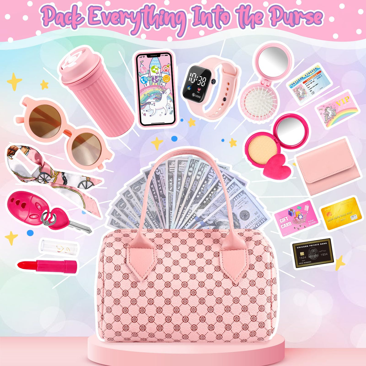 Oisacirg Play Purse 32PCS with Watch Makeup, Princess Toys for Girls 3-12