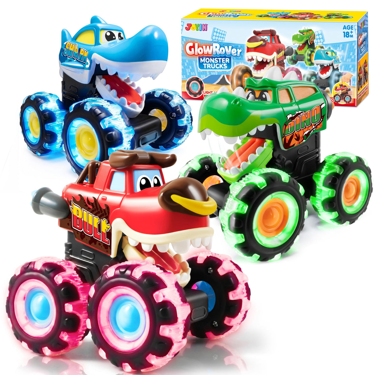 JOYIN 3 Pack Monster Truck Toy - Motion Activated Light Up Cars for Kids - Monster Glow Rover LED Wheels - Kids Boy Toys - Press and Go Dinosaur Trucks for Kids Boy Birthday Gifts